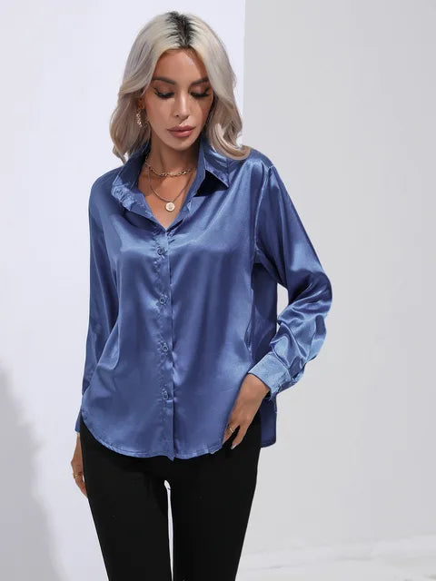 Valérie Satin Blouse for Women – Elegant Long Sleeve Shirt, Loose Fit and Shiny