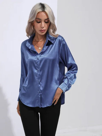Valérie Satin Blouse for Women – Elegant Long Sleeve Shirt, Loose Fit and Shiny