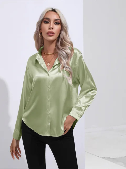 Valérie Satin Blouse for Women – Elegant Long Sleeve Shirt, Loose Fit and Shiny