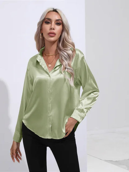 Valérie Satin Blouse for Women – Elegant Long Sleeve Shirt, Loose Fit and Shiny