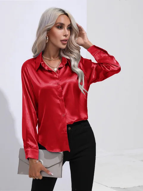 Valérie Satin Blouse for Women – Elegant Long Sleeve Shirt, Loose Fit and Shiny