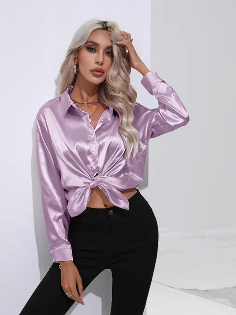 Valérie Satin Blouse for Women – Elegant Long Sleeve Shirt, Loose Fit and Shiny