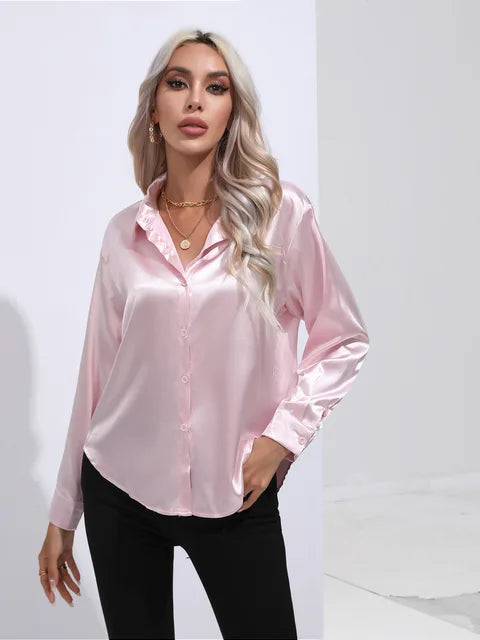 Valérie Satin Blouse for Women – Elegant Long Sleeve Shirt, Loose Fit and Shiny