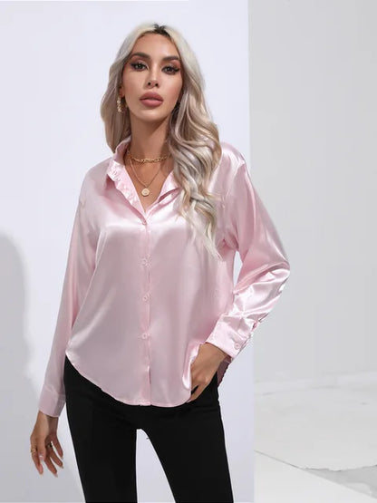 Valérie Satin Blouse for Women – Elegant Long Sleeve Shirt, Loose Fit and Shiny