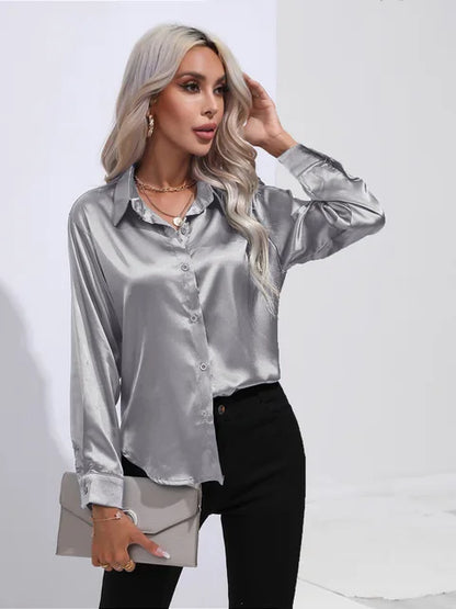 Valérie Satin Blouse for Women – Elegant Long Sleeve Shirt, Loose Fit and Shiny