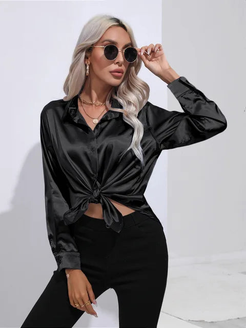 Valérie Satin Blouse for Women – Elegant Long Sleeve Shirt, Loose Fit and Shiny