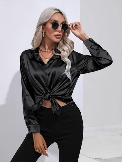 Valérie Satin Blouse for Women – Elegant Long Sleeve Shirt, Loose Fit and Shiny