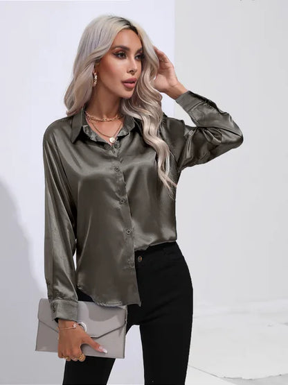 Valérie Satin Blouse for Women – Elegant Long Sleeve Shirt, Loose Fit and Shiny