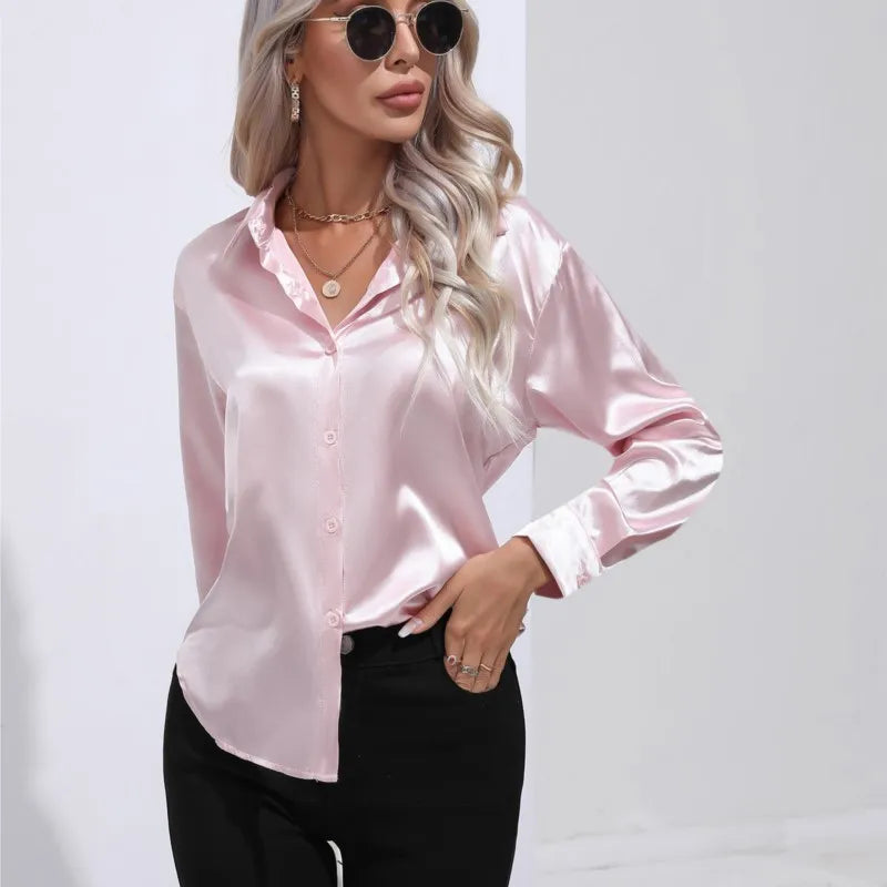 Valérie Satin Blouse for Women – Elegant Long Sleeve Shirt, Loose Fit and Shiny