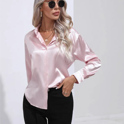Valérie Satin Blouse for Women – Elegant Long Sleeve Shirt, Loose Fit and Shiny