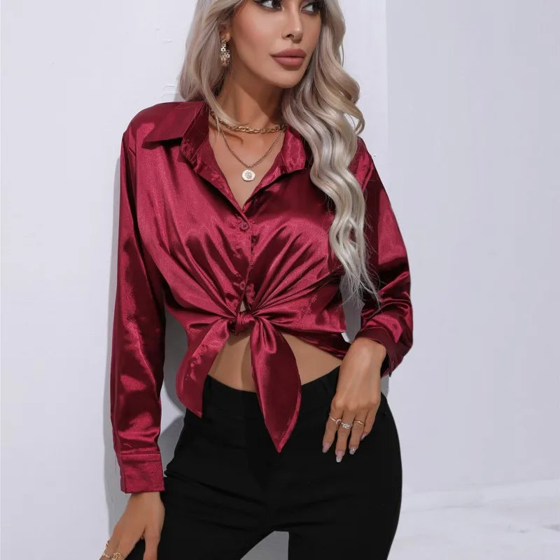 Valérie Satin Blouse for Women – Elegant Long Sleeve Shirt, Loose Fit and Shiny