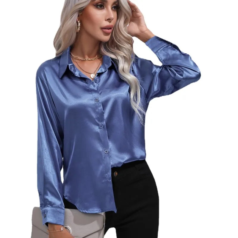 Valérie Satin Blouse for Women – Elegant Long Sleeve Shirt, Loose Fit and Shiny