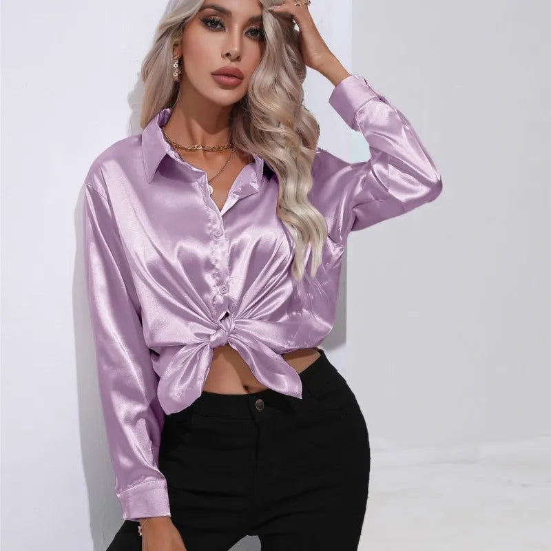 Valérie Satin Blouse for Women – Elegant Long Sleeve Shirt, Loose Fit and Shiny