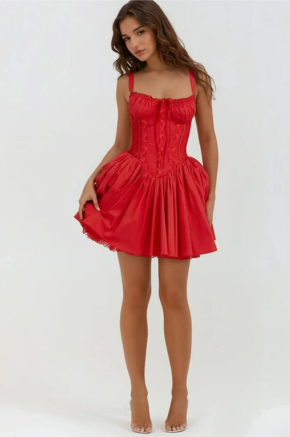 Syra Robe Courte Femme – Robe Corset Satinée avec Jupe Babydoll Évasée & Finitions Dentelle