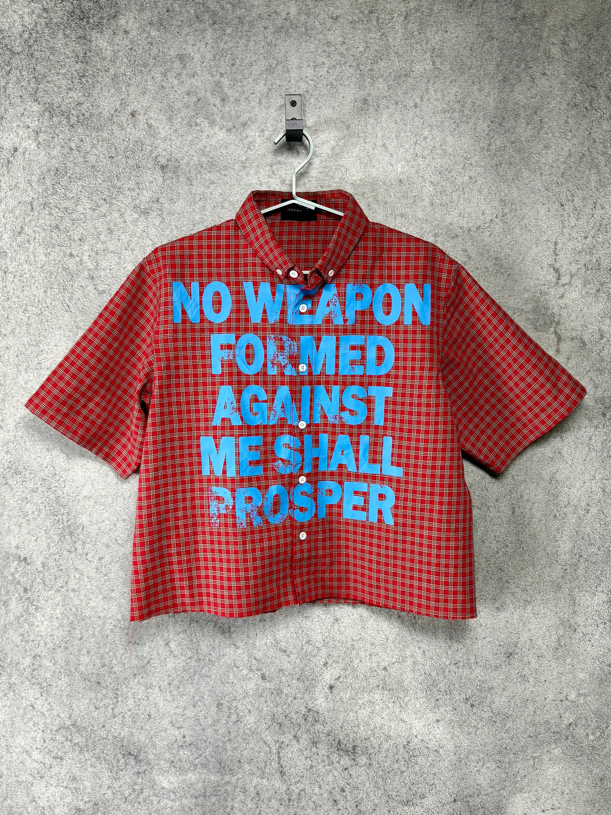 'NO WEAPON FORMED' PLAID BUTTON SHIRT