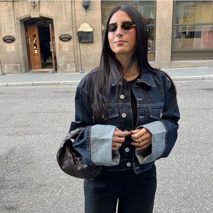 Bea Ensemble Denim Femme – Veste Courte & Jean Large à Revers Contrastés pour un Look Tendance