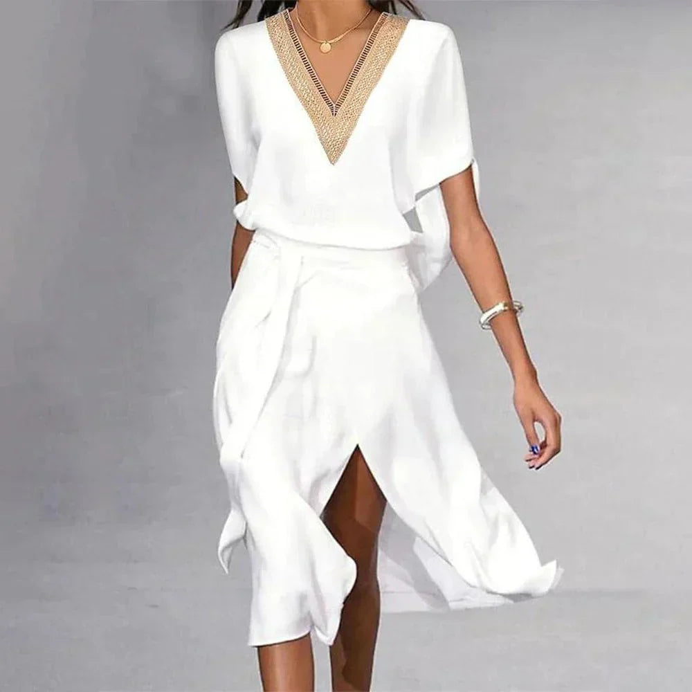 Isabella Midi Dress for Women – Elegant White Dress with V-Neck & Timeless Minimalist Design