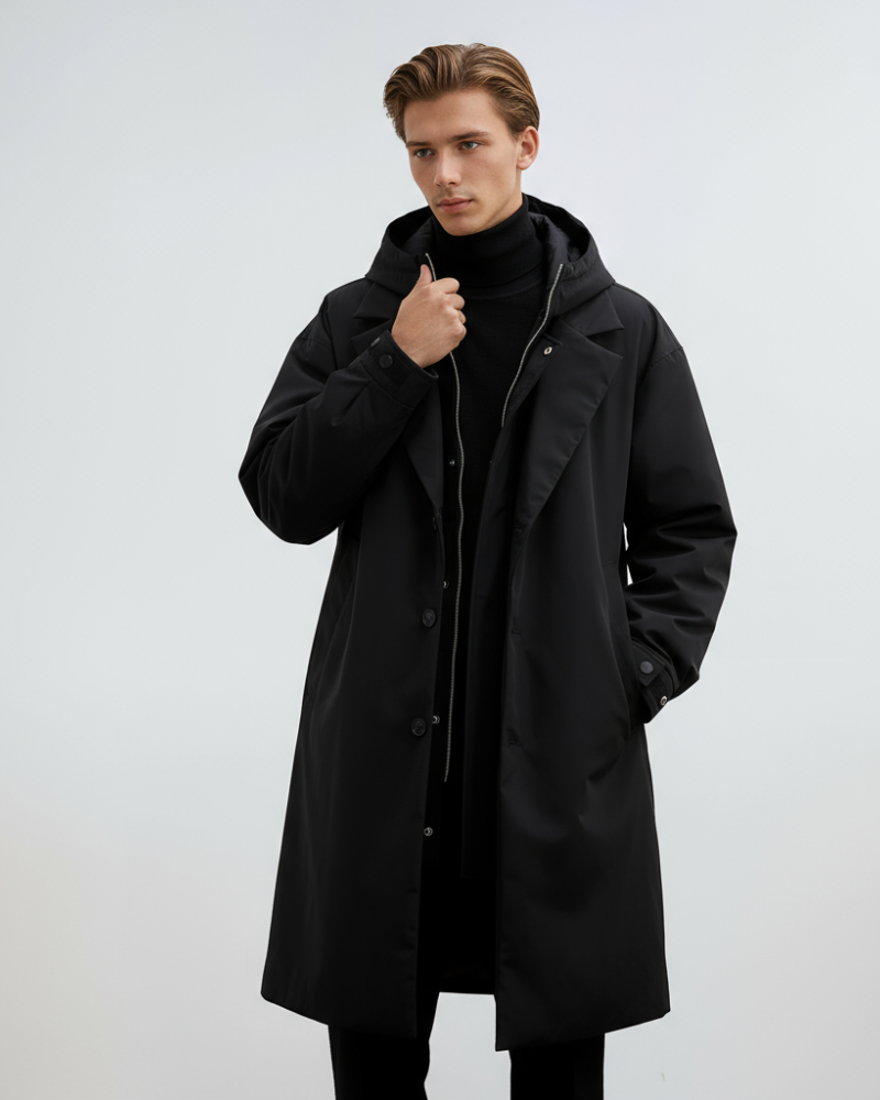 Kennington Hooded Trench Coat for Men – Elegant Long Coat with Zip and Button Closure