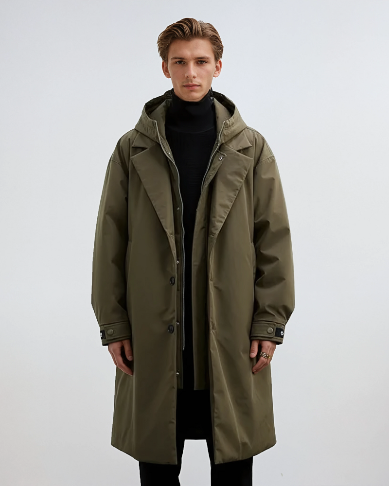 Kennington Hooded Trench Coat for Men – Elegant Long Coat with Zip and Button Closure