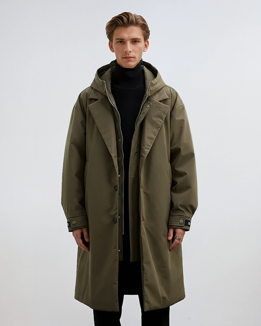 Kennington Hooded Trench Coat for Men – Elegant Long Coat with Zip and Button Closure