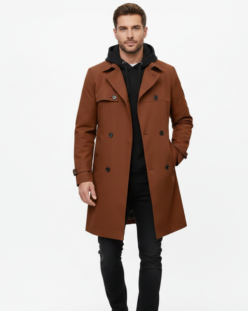 Gian Classic Double-Breasted Men's Trench Coat – Classic Notched Collar with Adjustable Belt