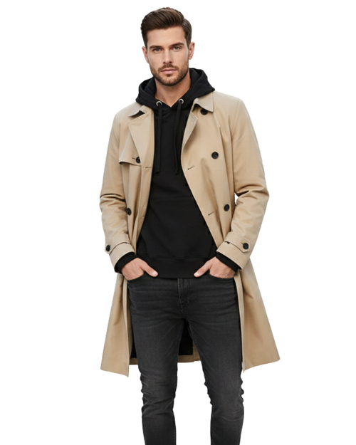 Gian Classic Double-Breasted Men's Trench Coat – Classic Notched Collar with Adjustable Belt