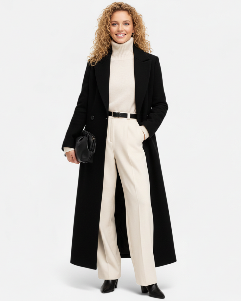 Isolde Long Black Coat for Women – Elegant Cut with Classic Notch Collar & Chic Buttoning