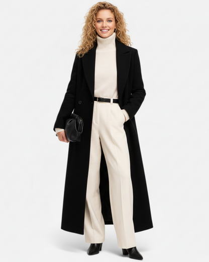 Isolde Long Black Coat for Women – Elegant Cut with Classic Notch Collar & Chic Buttoning
