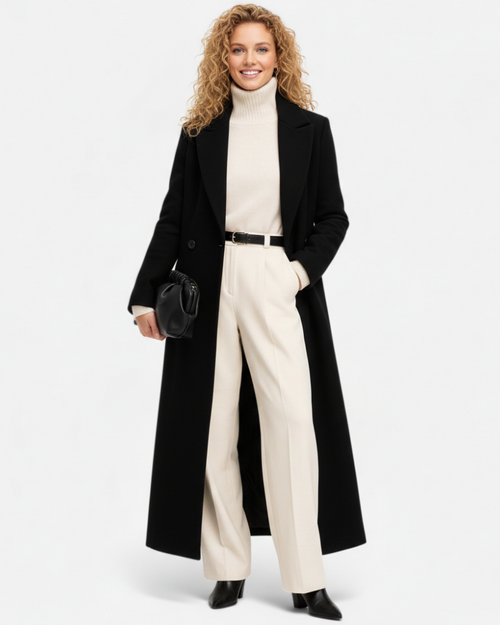Isolde Long Black Coat for Women – Elegant Cut with Classic Notch Collar & Chic Buttoning