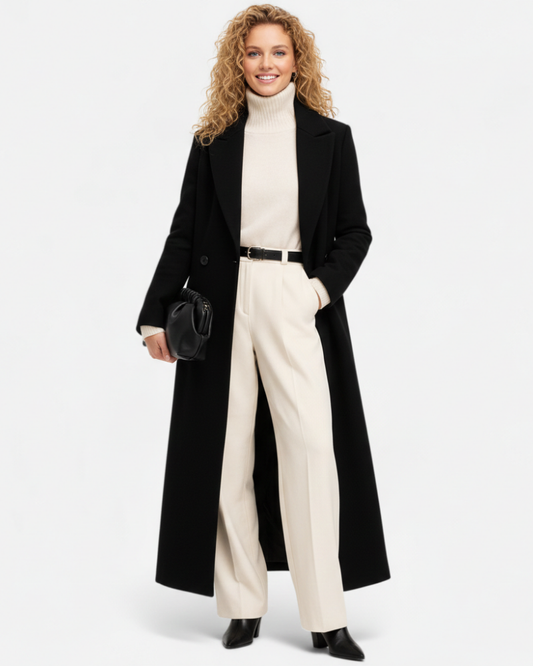 Isolde Long Black Coat for Women – Elegant Cut with Classic Notch Collar & Chic Buttoning