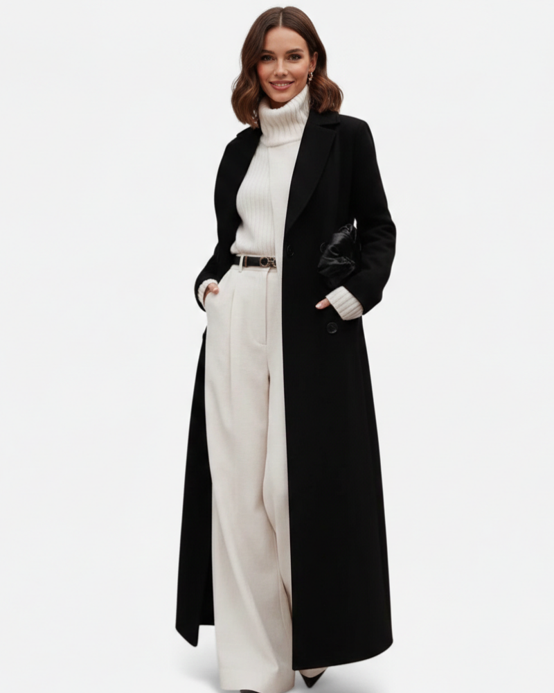 Isolde Long Black Coat for Women – Elegant Cut with Classic Notch Collar & Chic Buttoning