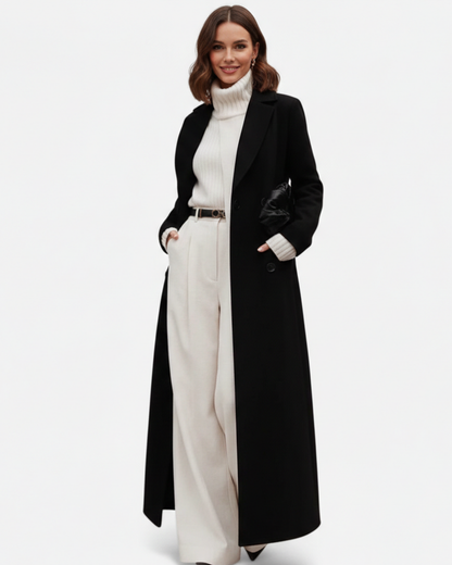 Isolde Long Black Coat for Women – Elegant Cut with Classic Notch Collar & Chic Buttoning