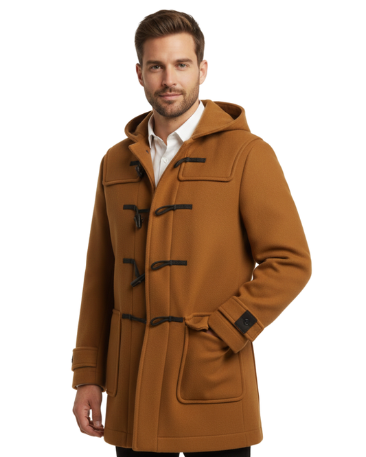 Joen Long Trench Coat for Men – Scandinavian Hooded Coat with Horn Buttons & Retro Style