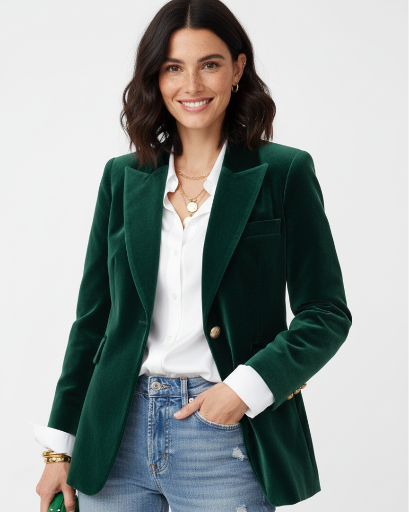 Haydee Velvet Blazer for Women – Chic Green Jacket with Gold Buttons & Elegant Cut
