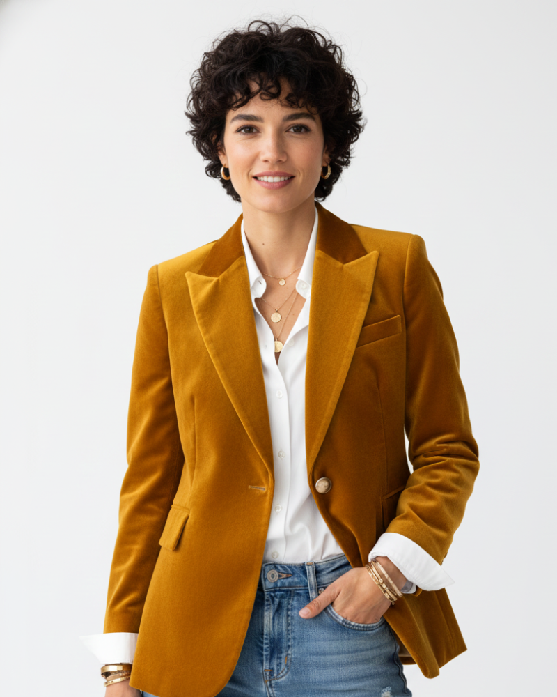 Haydee Velvet Blazer for Women – Chic Green Jacket with Gold Buttons & Elegant Cut
