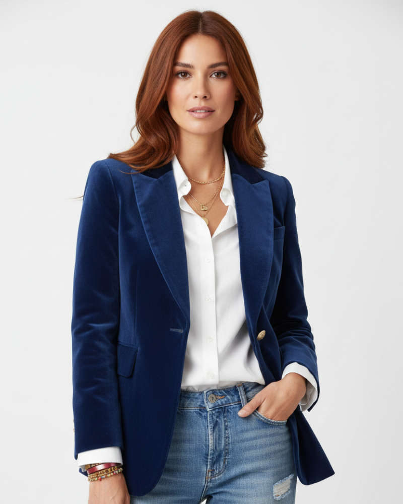 Haydee Velvet Blazer for Women – Chic Green Jacket with Gold Buttons & Elegant Cut
