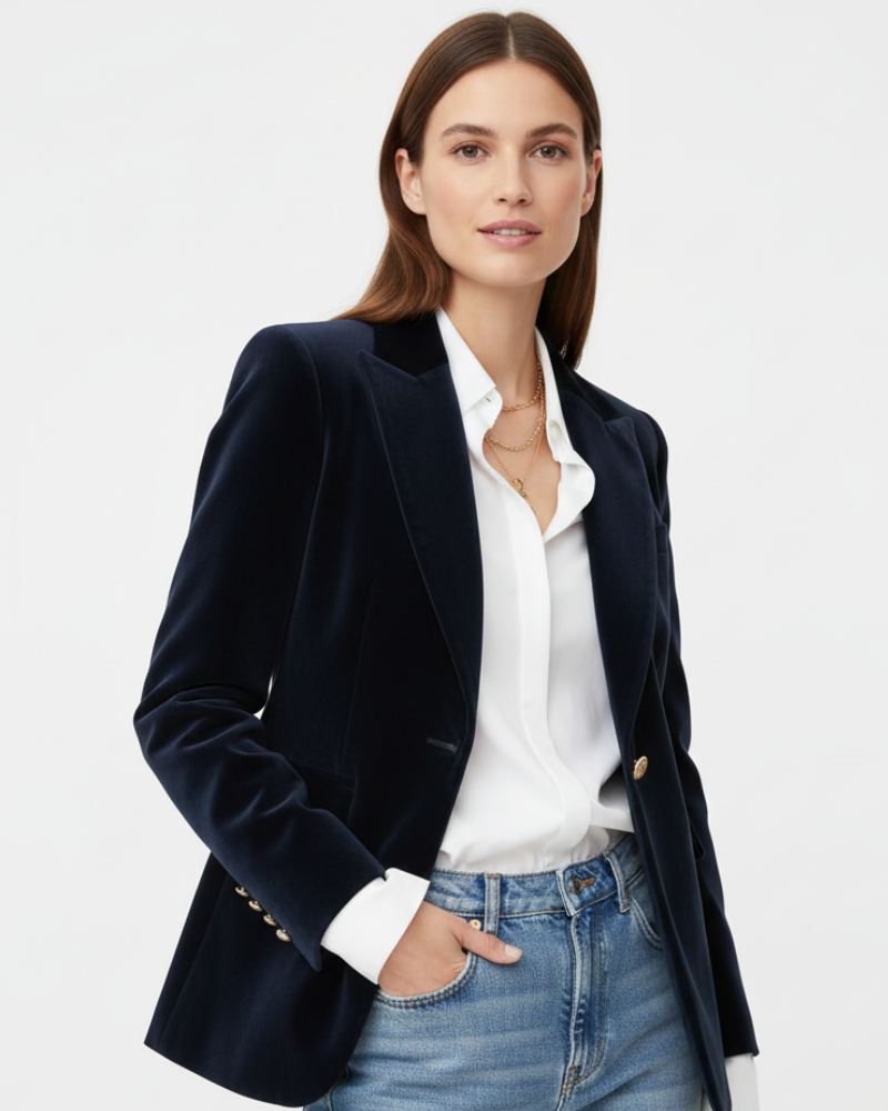 Haydee Velvet Blazer for Women – Chic Green Jacket with Gold Buttons & Elegant Cut
