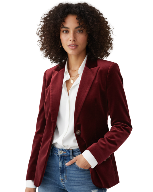 Haydee Velvet Blazer for Women – Chic Green Jacket with Gold Buttons & Elegant Cut