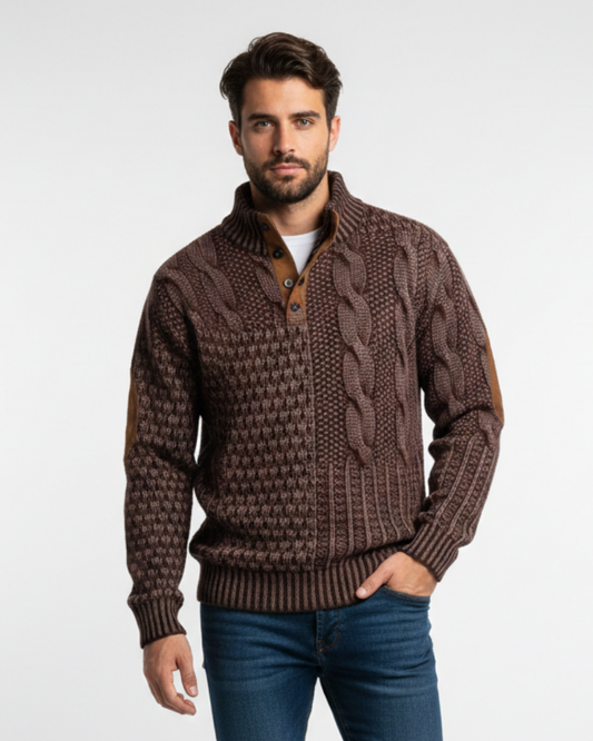 Aaron Men's Patchwork Sweater – High Collar with Buttons & Suede Details Regular Fit