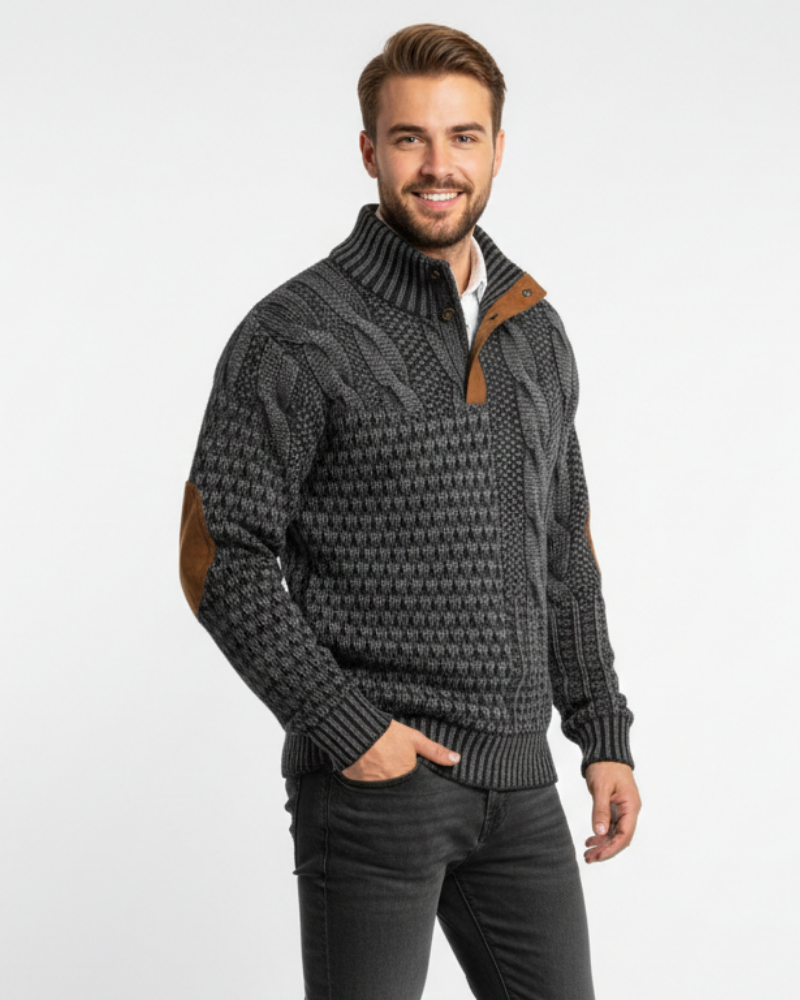 Aaron Men's Patchwork Sweater – High Collar with Buttons & Suede Details Regular Fit