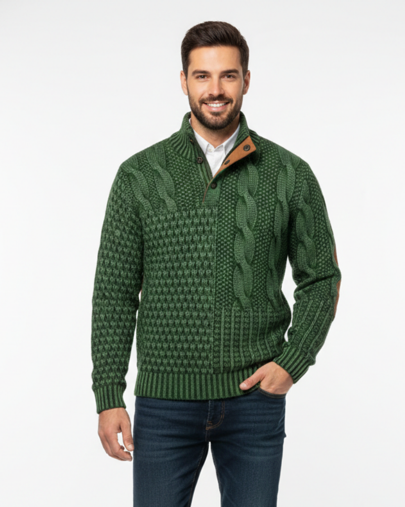 Aaron Men's Patchwork Sweater – High Collar with Buttons & Suede Details Regular Fit