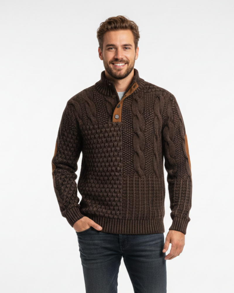 Aaron Men's Patchwork Sweater – High Collar with Buttons & Suede Details Regular Fit