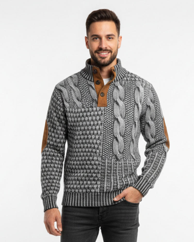 Aaron Men's Patchwork Sweater – High Collar with Buttons & Suede Details Regular Fit