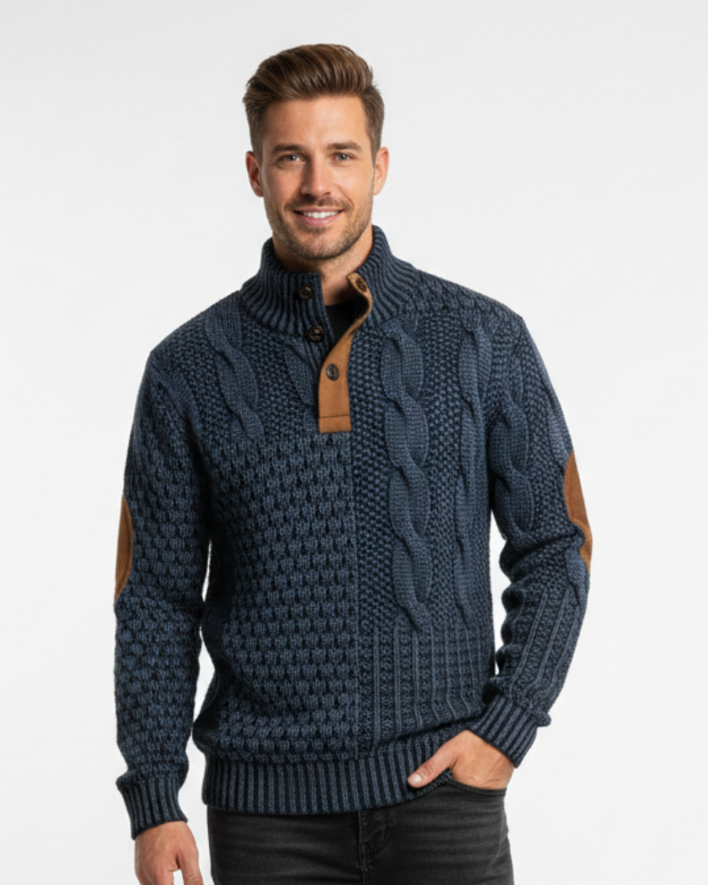 Aaron Men's Patchwork Sweater – High Collar with Buttons & Suede Details Regular Fit