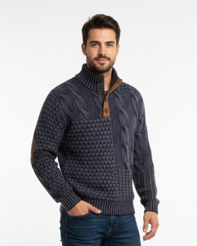 Aaron Men's Patchwork Sweater – High Collar with Buttons & Suede Details Regular Fit