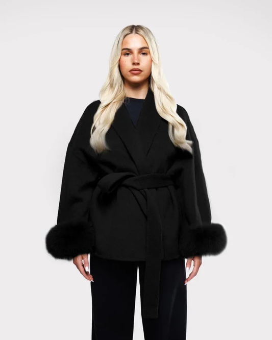 Livia Luxury Women's Coat – Elegant Winter Jacket with Faux Fur Sleeves & Belt