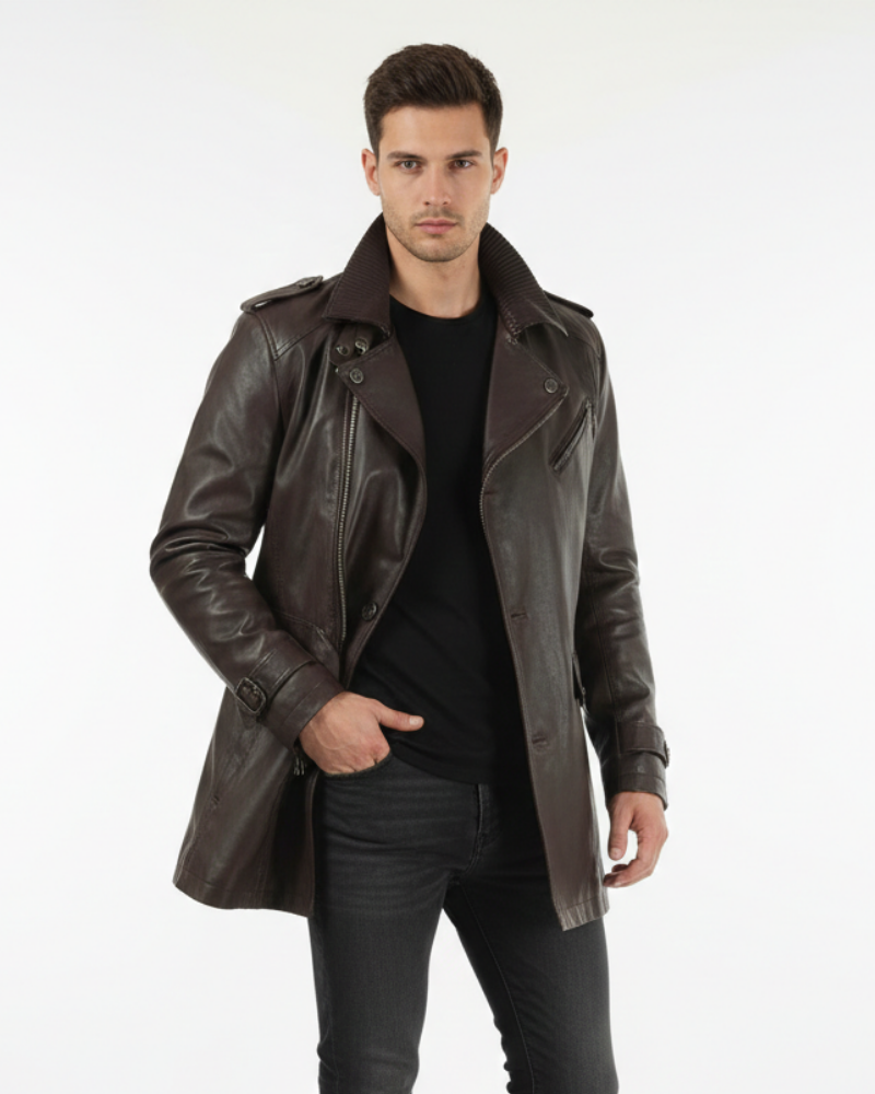 Zayko Long Leather Coat for Men – Comfortable Fit and Elegant Style for Winter