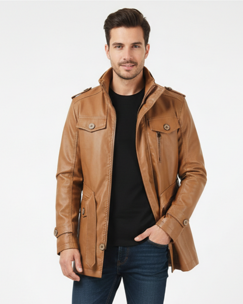 Zayko Long Leather Coat for Men – Comfortable Fit and Elegant Style for Winter