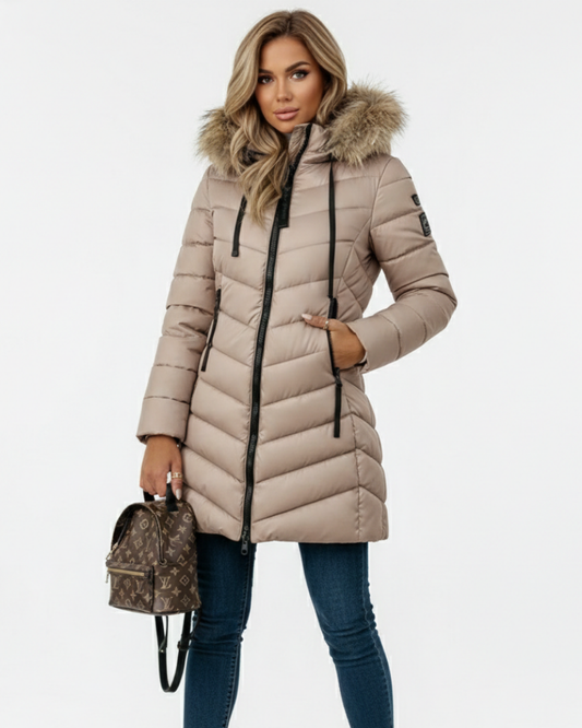 Anne Women's Down Jacket with Hood – Chevron Quilting & Faux Fur Collar