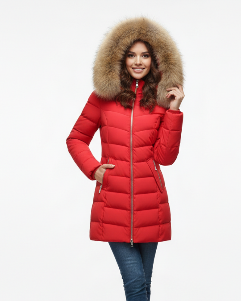 Anne Women's Down Jacket with Hood – Chevron Quilting & Faux Fur Collar